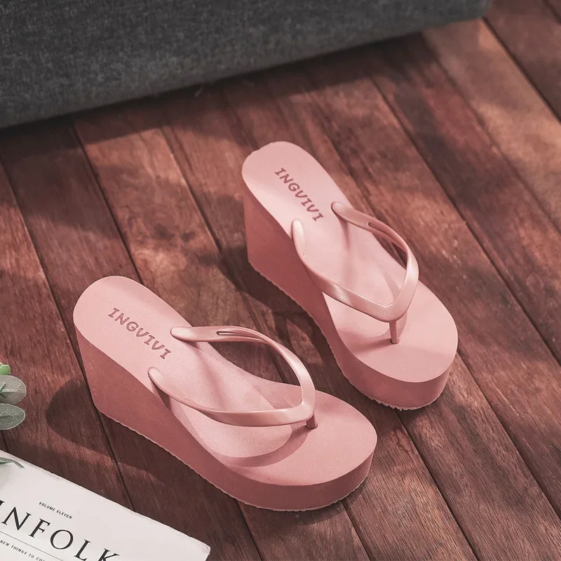 Summer womens shoes beach flip-flops platform sandals high-heeled sandals solid color skateboard slippers women heels 241115