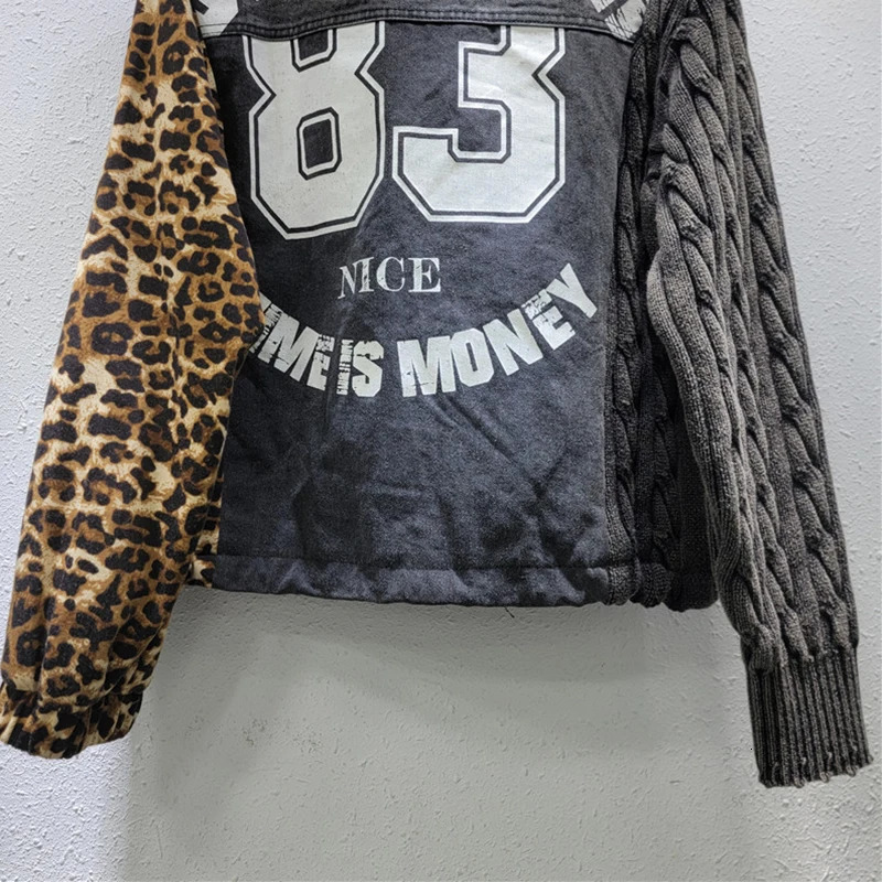 KBQ Hit Color Leopard Denim Jacket for Women Flip Collar Long Sleeve Splicing Zipper Street Clothing Jacket Womens Fashion Autumn 241115