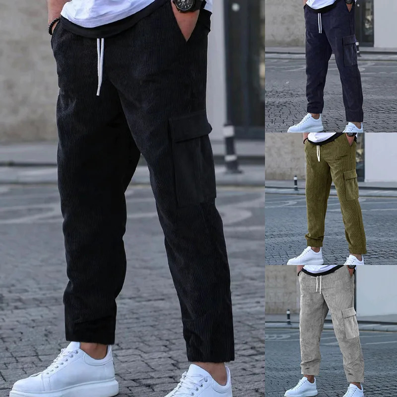 Mens Corduroy pants solid color sports loose straight tube multi pocket mens thin casual 241115