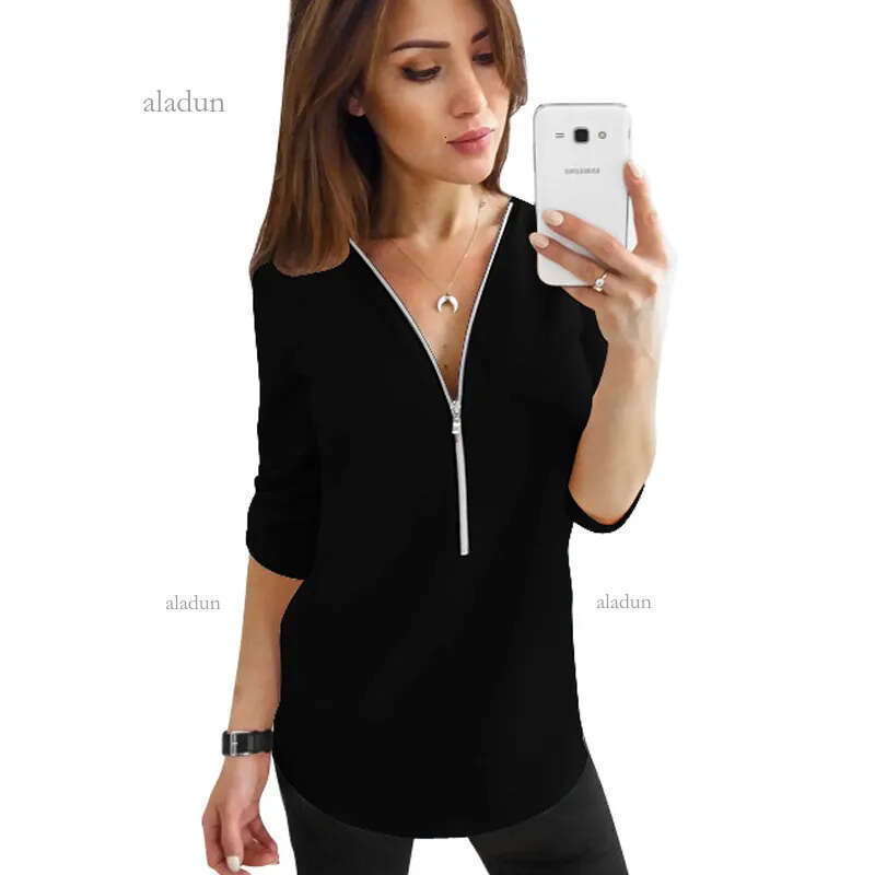Jocoo Jolee Sexy V Neck Solid Womens Tops And Blouses Zipper Casual Short Sleeve Tee Shirts Tops Female Clothes Plus Size 5XL 210518
