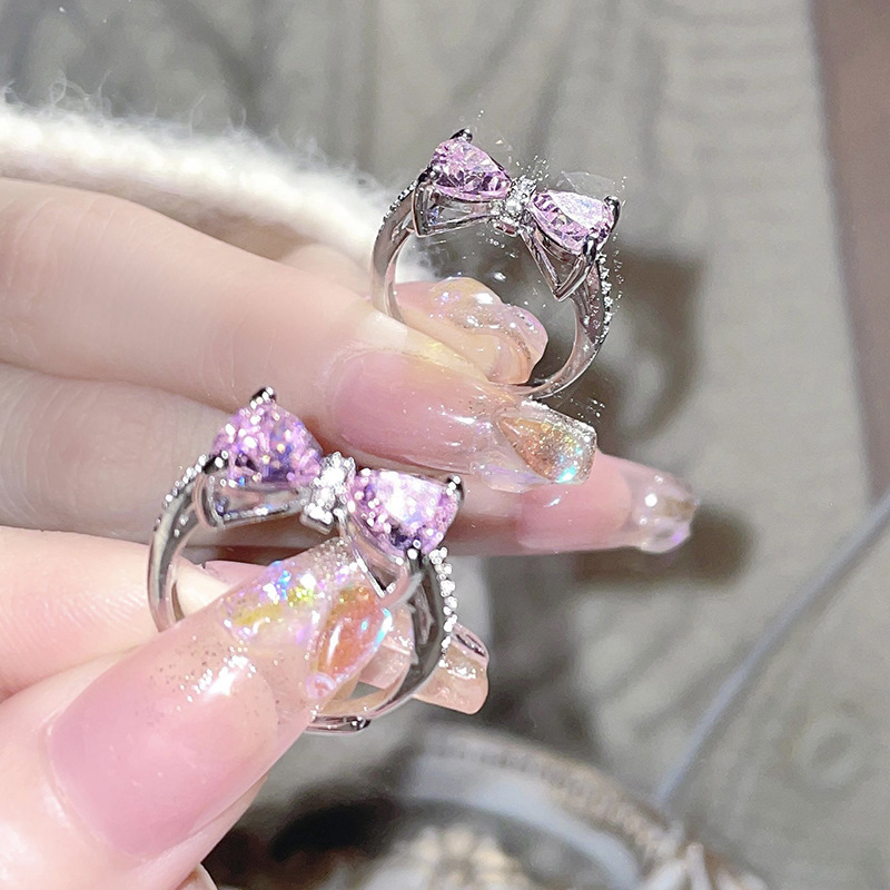 Free shipping 2024 Spring Summer Cute Pink Bow Butterfly Rings for Women Girls Sweet Bowknot Charm Crystal CZ Zircon Dia Designer Chinese Nail Finger 