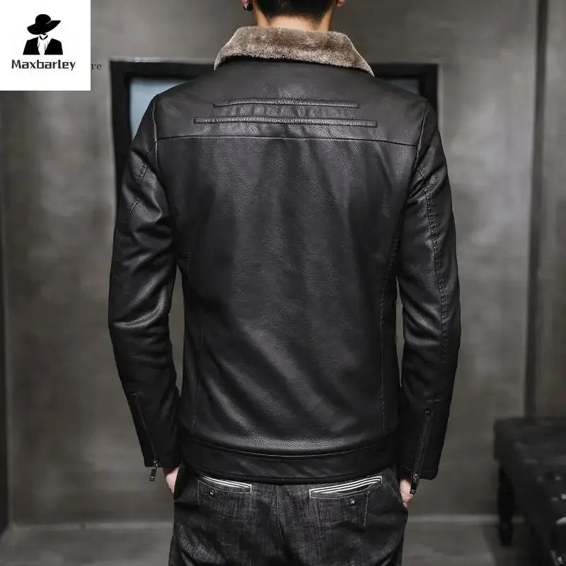 Autumn and Winter Leather Jacket Mens Business Thickened Faux Fur Collar Windproof Warm PU Coat Brand Motorcycle 241108