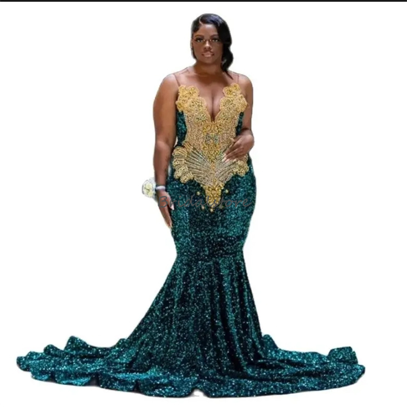 Emerald Green Prom Dresses With Golden Beaded Luxury Mermaid Full Sequin Evening Dress Sparkly Ceremony Formal Birthday Party Gowns 2024 Plus Size Rob