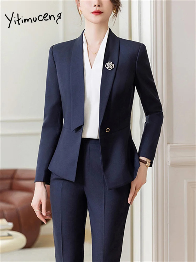 Yitimuceng Formal Work Pants Suits Korean Office Womens Solid Ultra Thin Long Sleeve Jacket Pencil Two Piece Set 241115