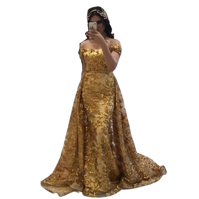 Elegant Arabic Dubai Gold Sequins Mermaid Prom Dresses With Detachable Skirt Off Shoulder Long Sparkly Evening Gowns 2024 Women Chic Party Special Occ