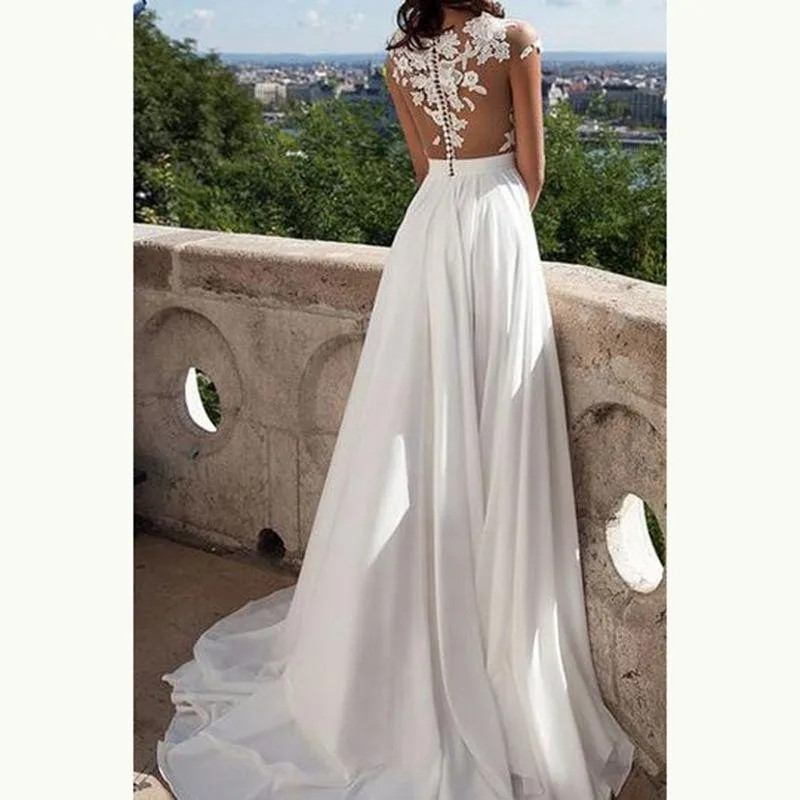 Boho Summer Beach A Line Wedding Dresses Sheer Neck Lace Appliqued Flowy Chiffon Bridal Gowns Sexy High Split Simple Bride Second Reception Party Dres