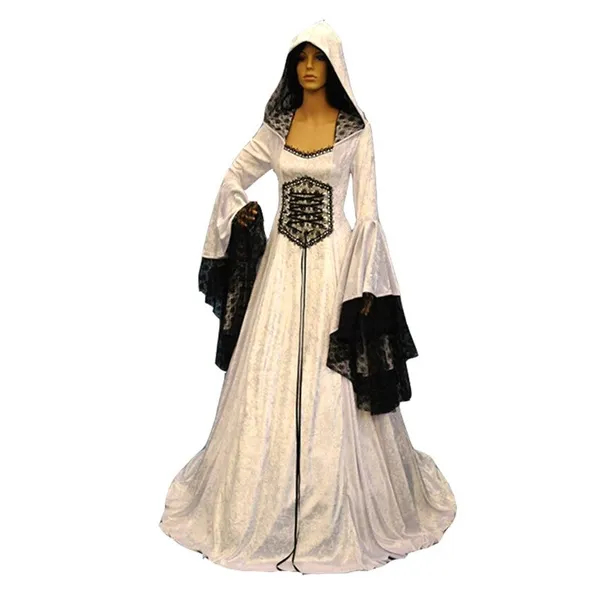 Vintage Medieval Velvet Prom Dresses With Hat Corset Victorian Costume Women Masquerade Special Occasion Dress Long Sleeves Ivory And Black Gothic Eve