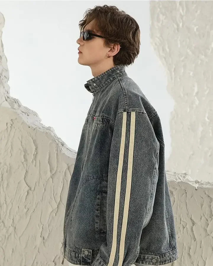 light blue denim long sleeved jacket mens Harajuku zipper jacket autumn winter top Y2K Gothic clothing jacket 241115