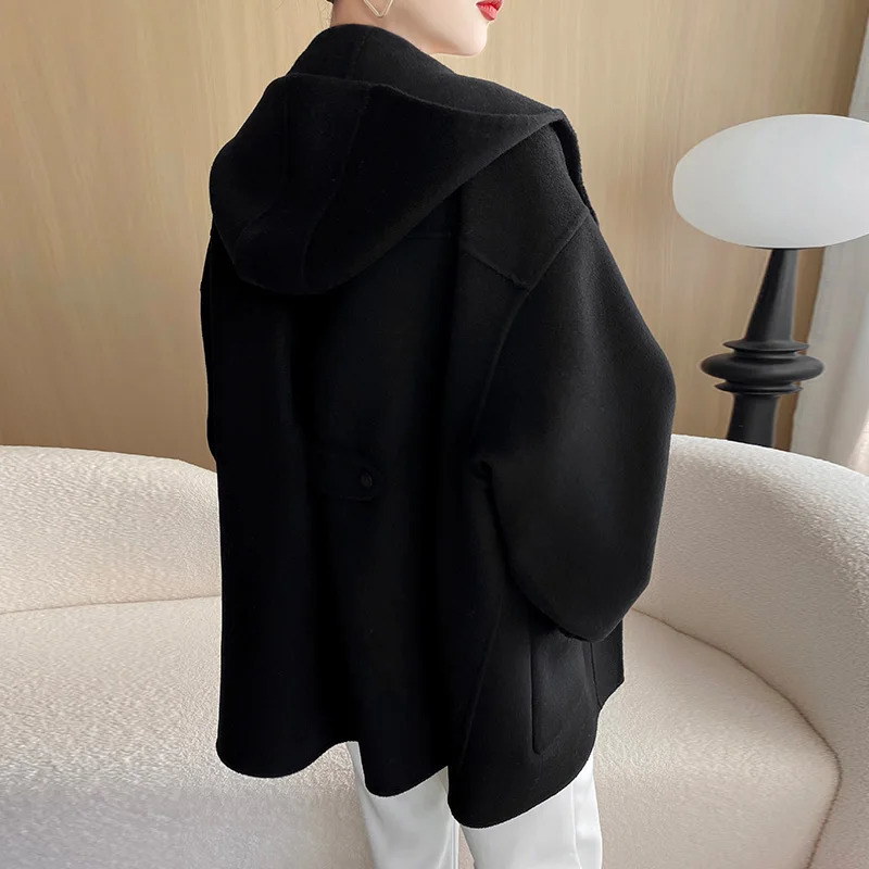2024 Autumn and Winter 100 Wool Womens Coat Fashion Casual Hooded Metal Buckle with Pocket Versatile MidLength 241108