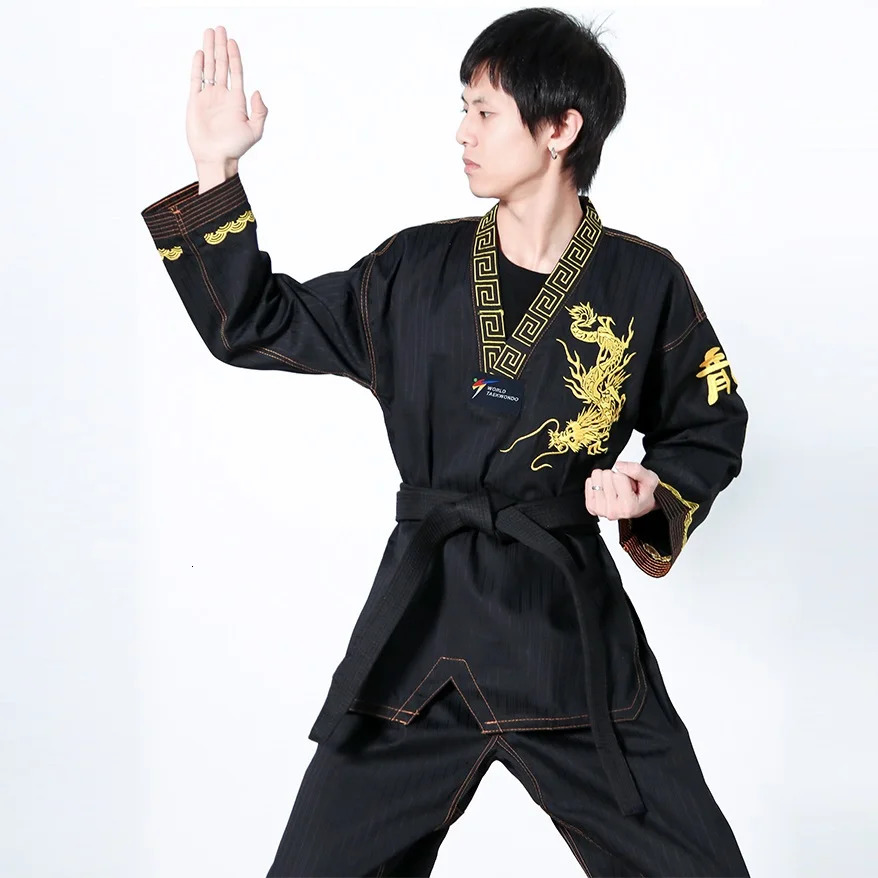 Regular Black Taekwondo Gi Uniform Set 8oz Ultra Light TKD Suit With Belt For Kids Adults Unisex Dragon Pattern Embroidery 241115