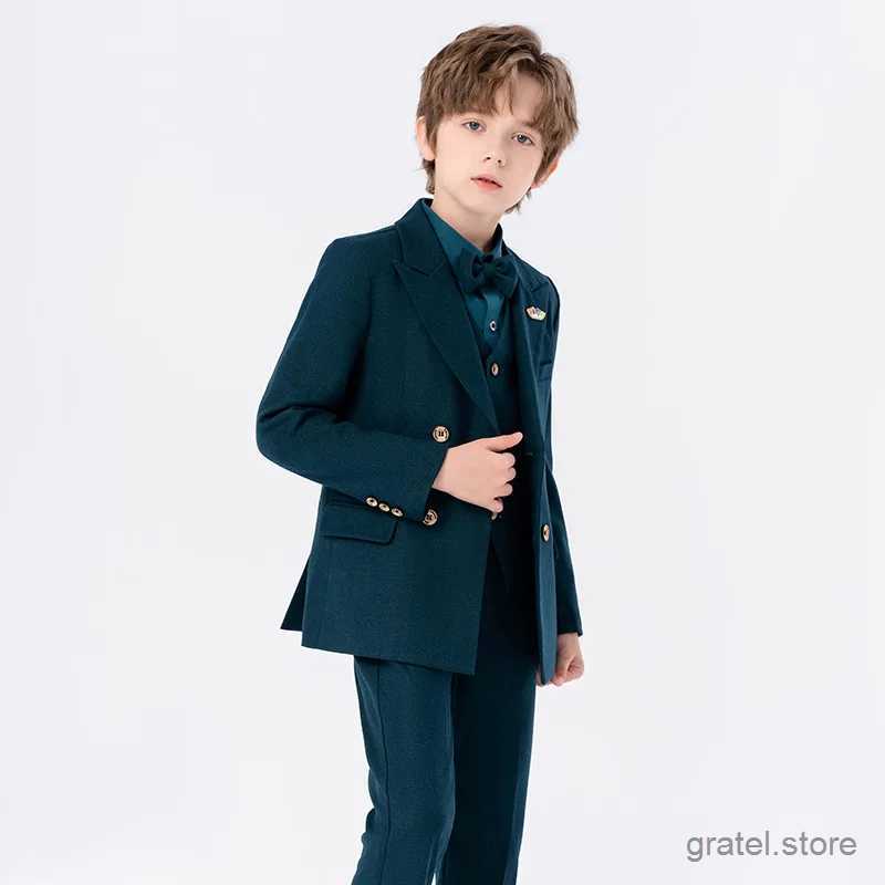 Suits Kids Photograph Suit Flower Boys Formal Wedding Party Performance Dance Tuxedo Wear Children Dark Green Luxurious Birthday Dress