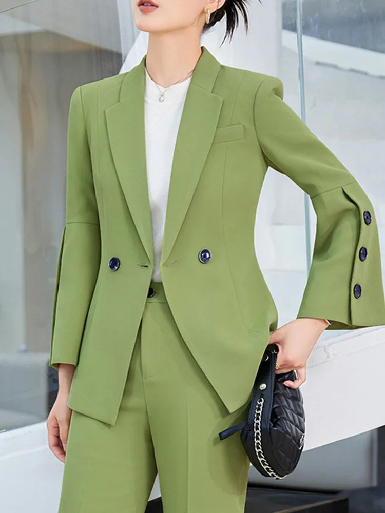 Yitimuceng ultrathin womens sportswear office fashion long sleeved jacket solid collar double chest pants set 241115