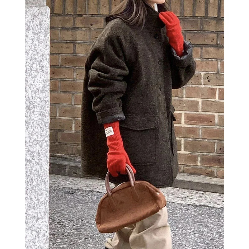 Hazelnut herringbone pattern retro wool stand up collar medium long small coat early autumn wool coat womens 241115