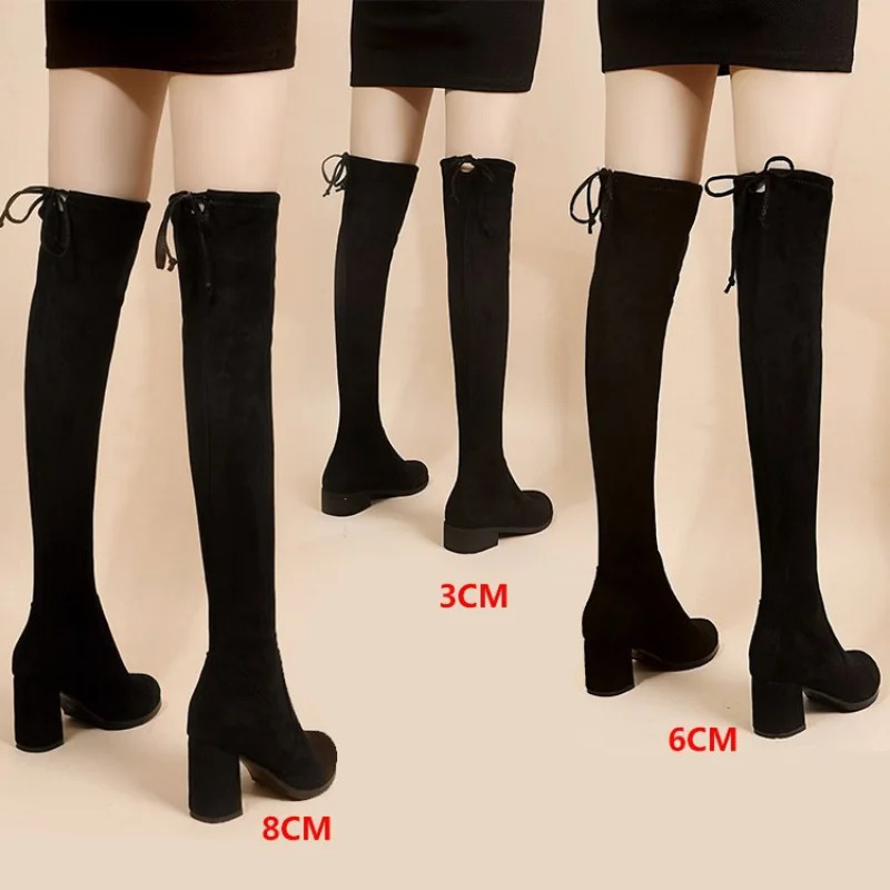 artificial suede womens high heels autumn zipper elastic knee high boots womens lace high heels black Botas drone 241115