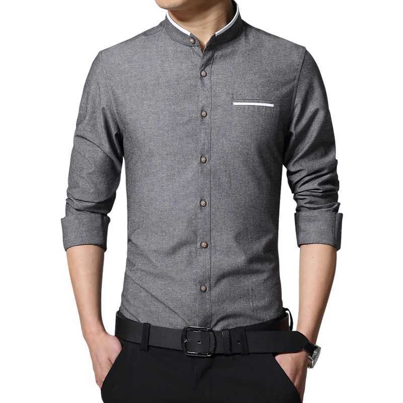 Men's Casual Shirts 2023 New Brand Mens Shirt Long Sleeve Banded Collar Easy Care Collarless Slim Fit Dress For Men Business 240416