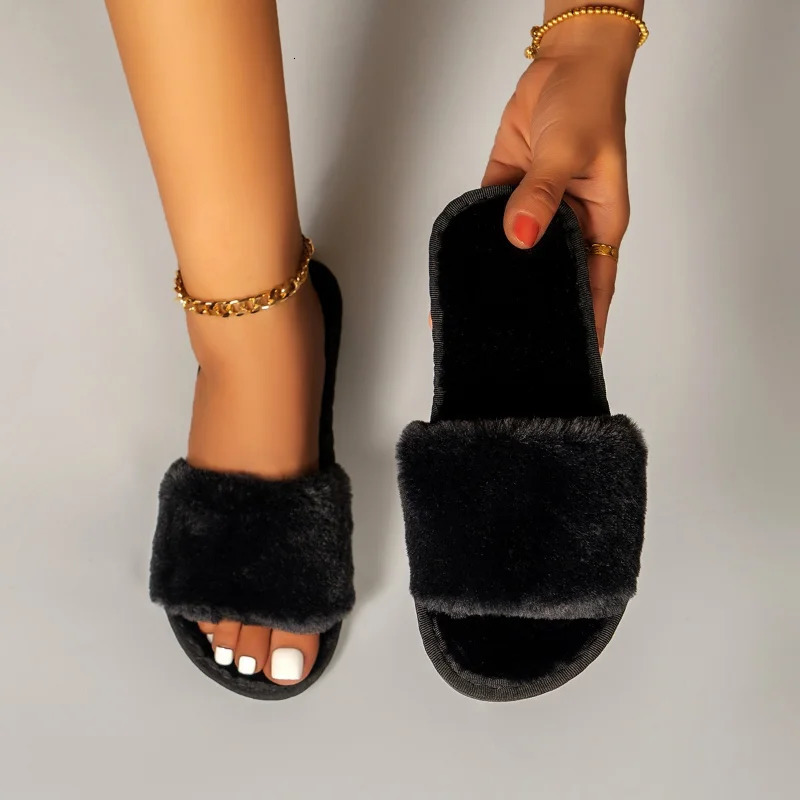 Fur Women Slippers Winter Fashion Plush Shallow Mouth Indoor Outdoor Flipflop Casual Bedroom Solid Color Slides Flat Shoes 241115
