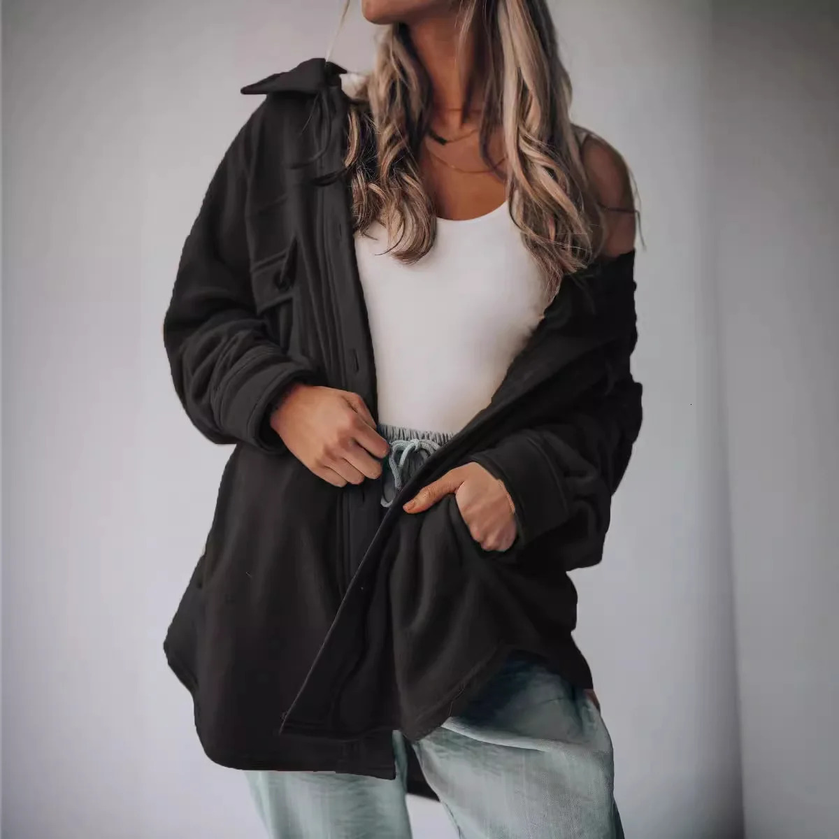 selling product Womens fashionable collar single chest long sleeved shirt jacket 241115