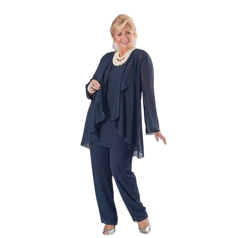 Plus Size Mother of the Bride Pant Suits Dark Navy Three Pieces Chiffon Long Sleeves Jacket Simple Wedding Guest Dress Groom Mom Prom Formal Wear