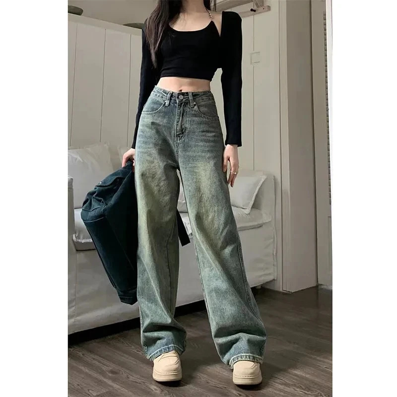 Y2K Baggy Casual Wide Leg Jean Streetwear AllMatch Washed Denim Trousers Female Vintage 90S High Waist Straight Pants 241108