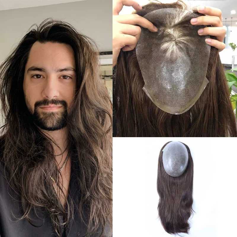 Long Hair Men Wig 14-16inch 0.1mm Skin Men Toupee Natural Hairline Mens Wigs Full Skin Male Hair Capillary ProsthesisXJ241116
