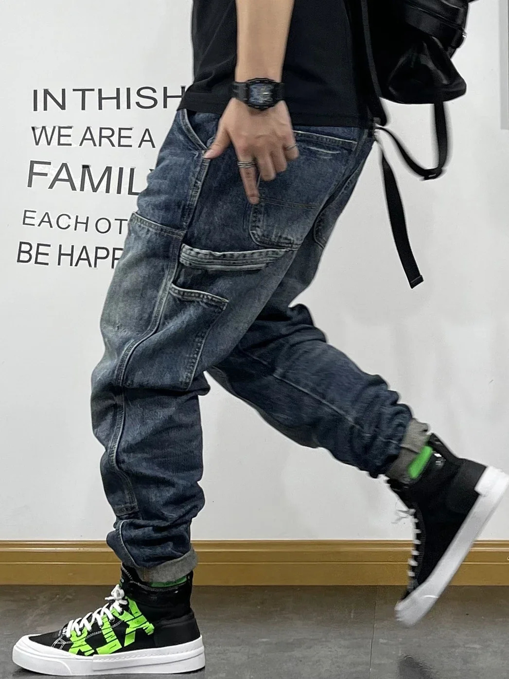 Streetwear Mens Harajuku Hip Hop Retro Bag Jeans Solid Color Loose Wide Leg Straight Denim Trouser Q0 4 241112