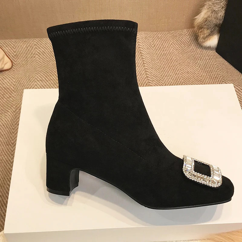 Square toed womens ankle boots crystal suede mid boots er winter Chelsea boots 2024 fashionable walking womens bench 241115