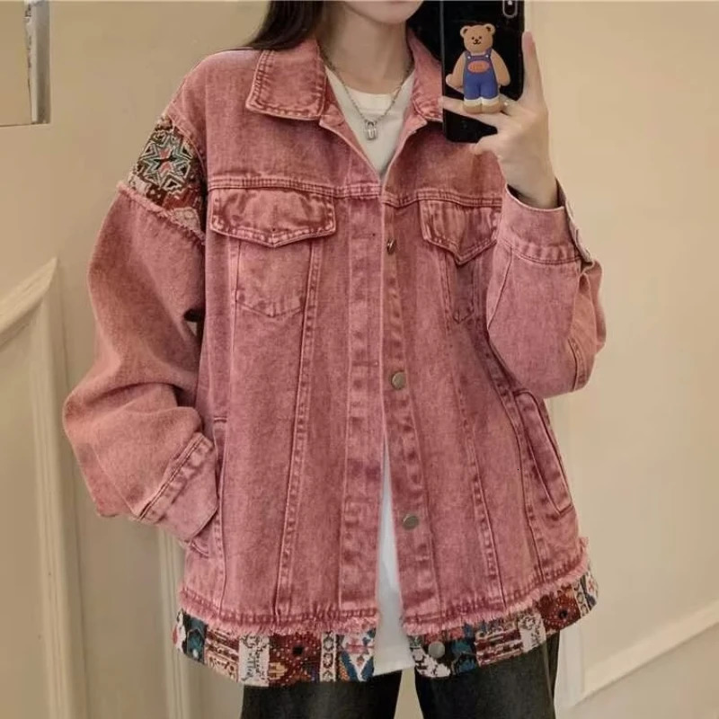 Pink denim jacket mens patchwork embroidered loose Harajuku couple jacket autumn Y2k street hip-hop denim jacket spring 241115
