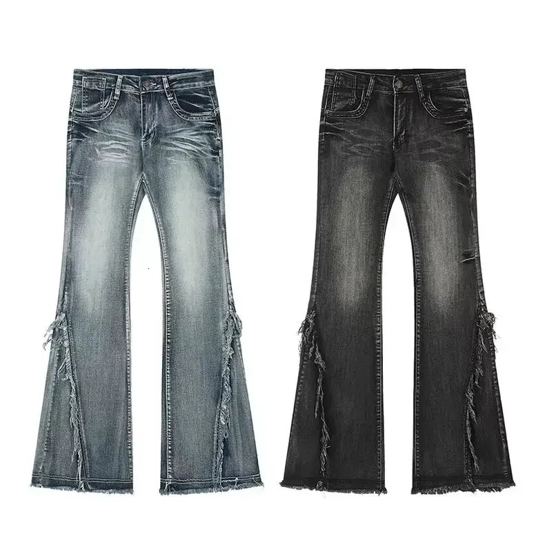 High Quality American Vintage Clothes Raw Edge Flared Jeans For Women Patchwork Autumn Low-rise Washed Denim Y2k Pants 241116
