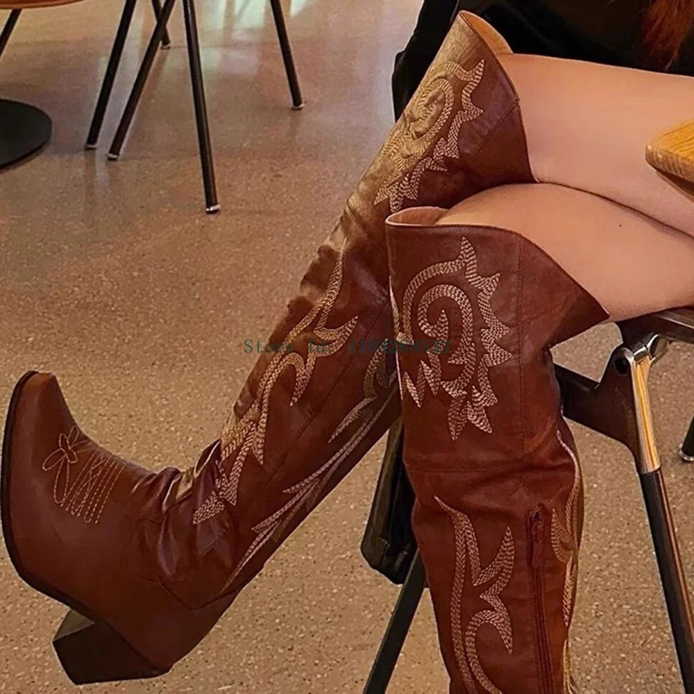 Embroidety Sewing Mixed Color Boots Ovet The Knee Sexy Pointed Toe Square Heel Arrivals Fashion Womens Motorcycle Boots 241115