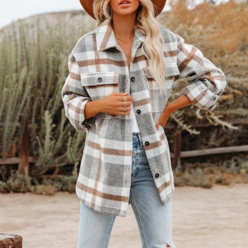 Womens Flannel Plaid Long Sleeve Button Down Shirts Jacket Coats with Side Pockets Casual FallWinter Loose Fit Coat for Women 241108