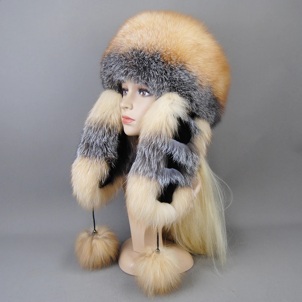 Lady Winter Warm 100 Natural Fur Hat Fashion Fluffy Rex Rabbit Cap Real Bomber Hats 241116