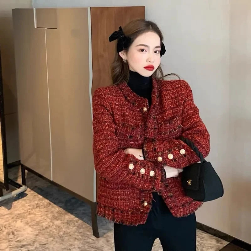 autumn jacket French high-end warm red perfume coat Womens short thick tweed coat Womens cutting jacket top 241115