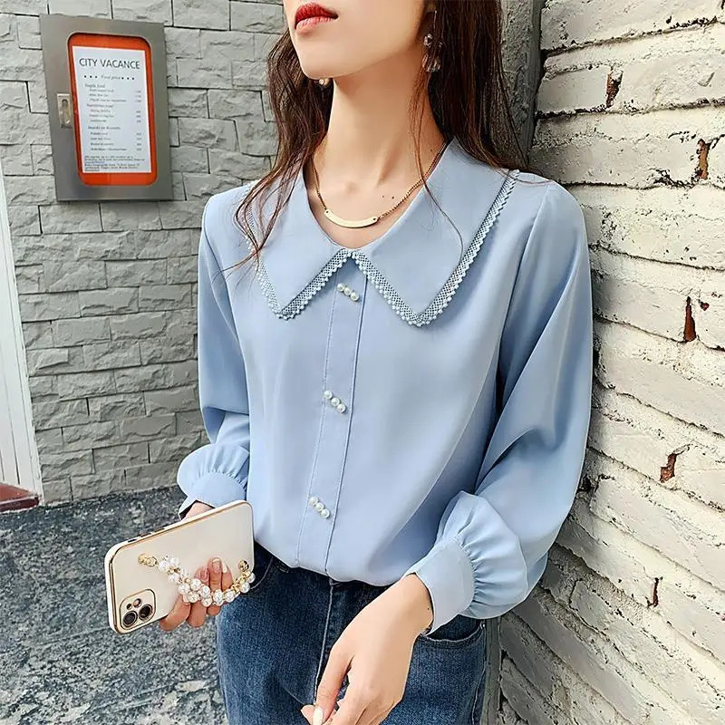 Spring and summer fashionable doll collar long sleeved shirt for womens street casual button down flower retro elegant full matching top 241115