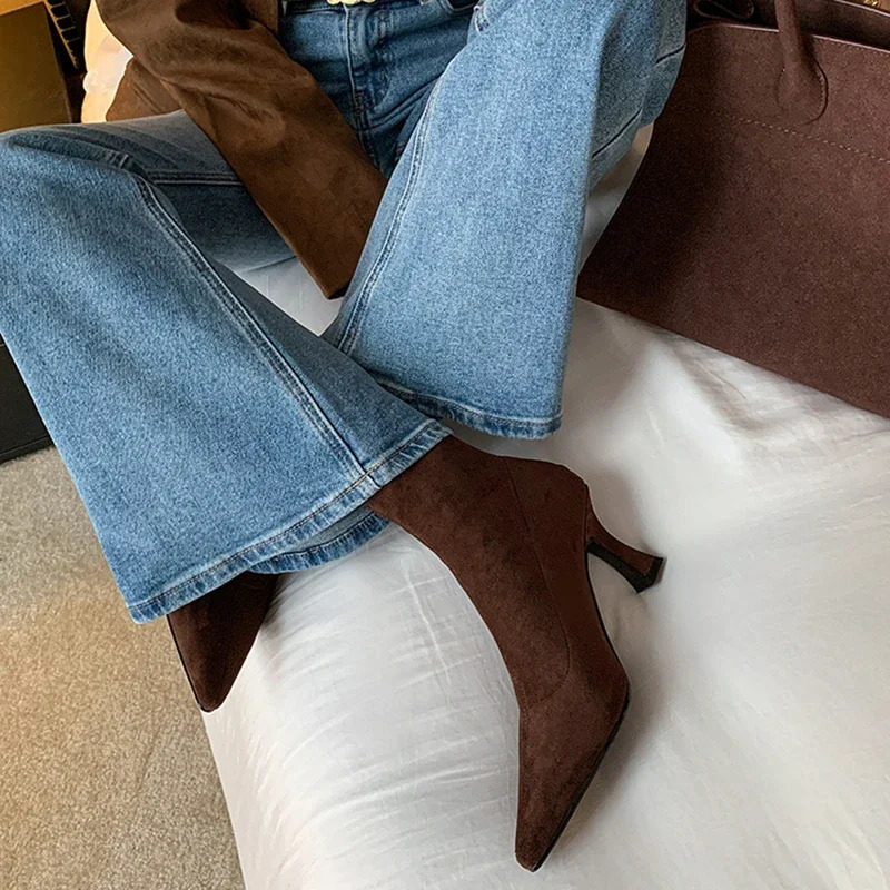 Vintage Women Ankle Boots Fashion Pointed Toe Shoes Autumn Winter High Heel Ladies Elegant Stretch Slim Short Booties 241115