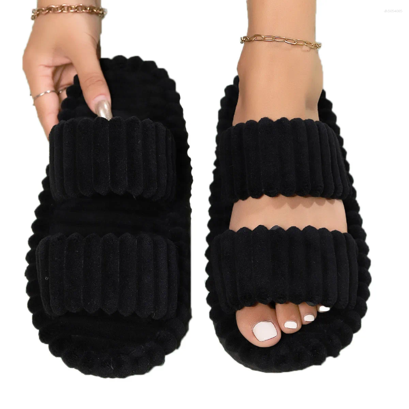 Slippers Women Cross Band Double Straps House Soft Sole Open Toe Shoes Indoor Corduroy EVA Non Slip Spring Autumn Bedroom Slides