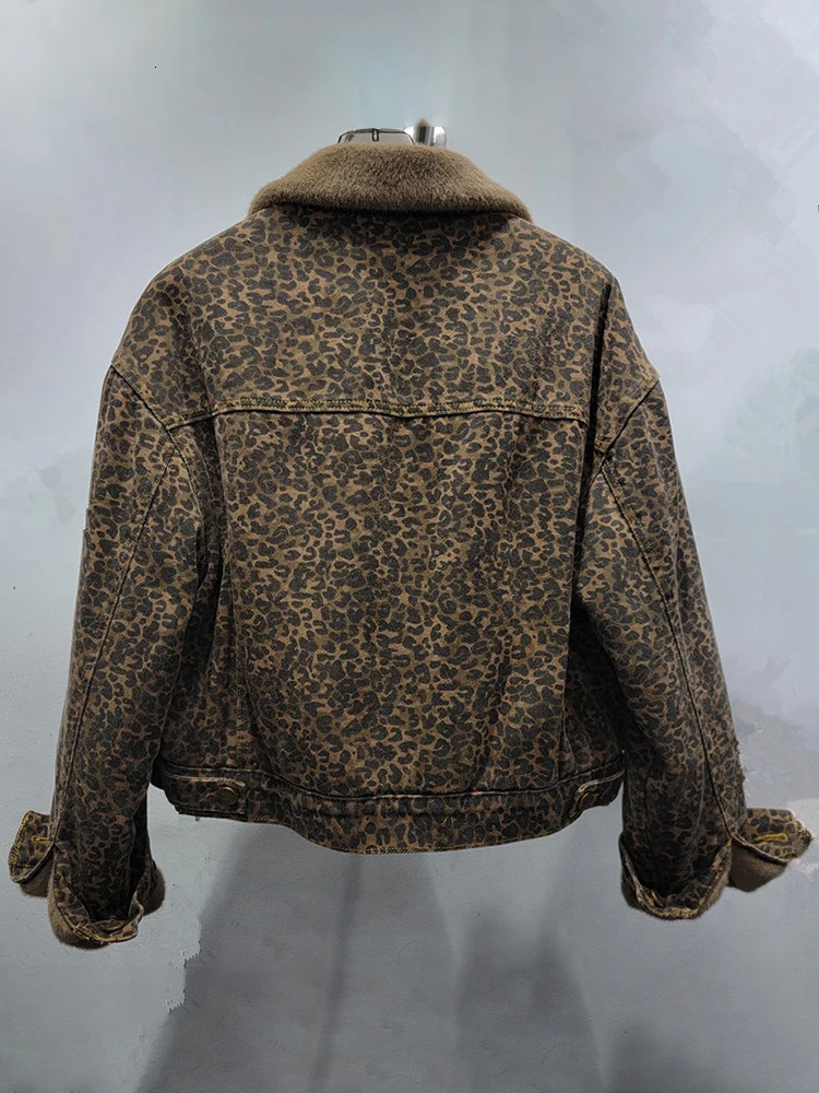 VGH vintage leopard print spliced denim coat for women fur lapel long sleeved spliced work pocket streetwear short sleeved jacket for women 241115