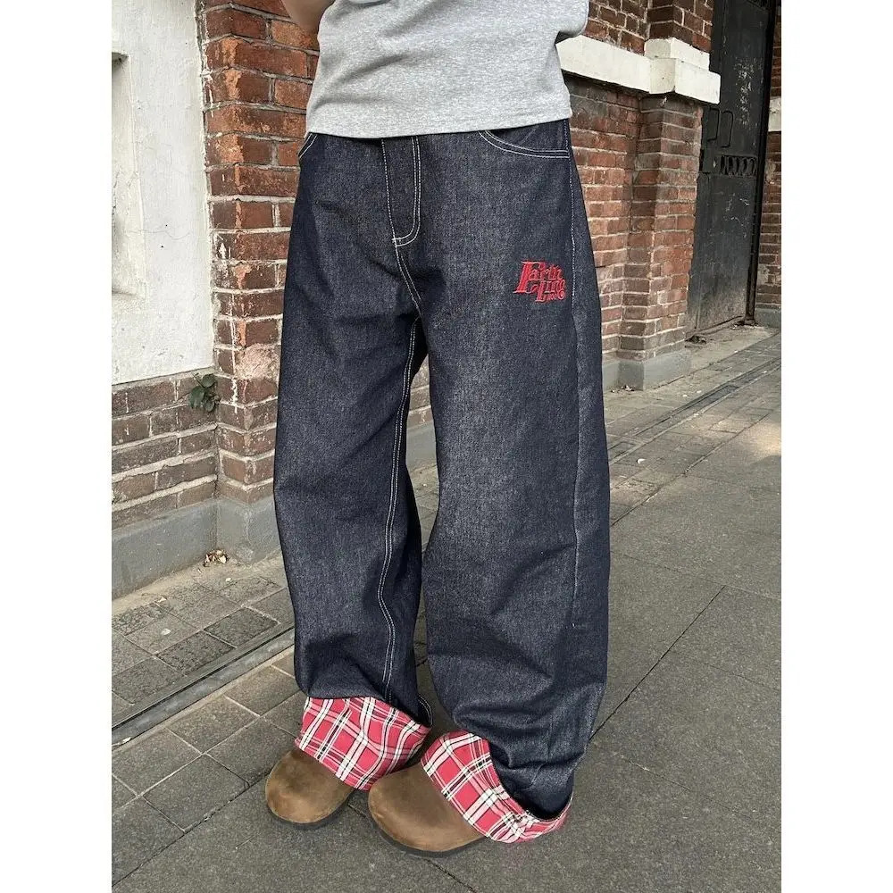 American retro plaid patchwork rolled edge women jeans high street Harajuku loose wide leg straight men and pants 241115