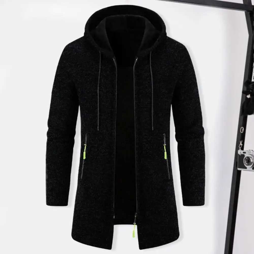 Winter Long Trench Coat 2023 Knit Sweater Jacket Fleece Wind Breaker Navy Turn-down Hoodies Zipper Cardigan Male Overcoat Autumn W250524