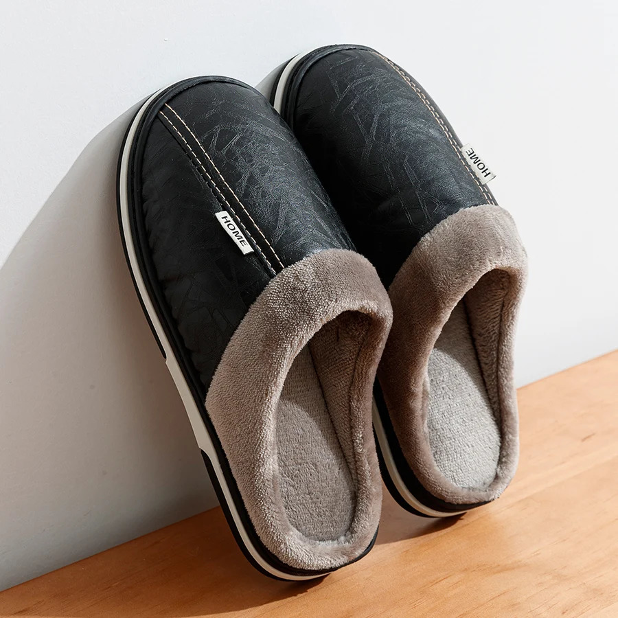 PU Leather Big Sizes Men slippers Indoor Waterproof Fur Flat Mens Winter Home Slipper Cotton Bedroom Houseshoes 241115
