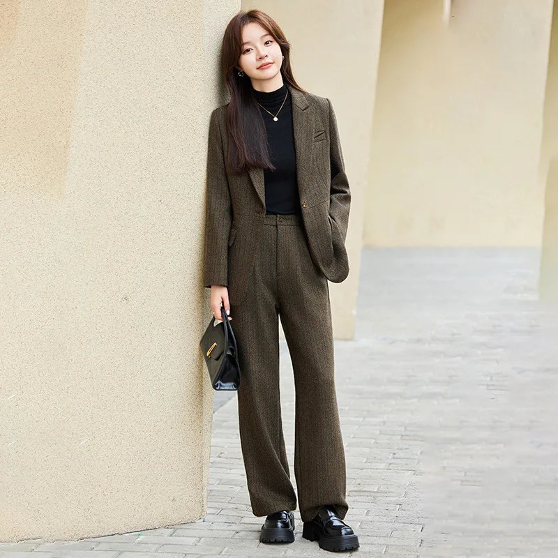 SpringSummer Fashion Wool Blended Jacket Trouser Two Piece Womens Elegant Casual Set Pants 241115