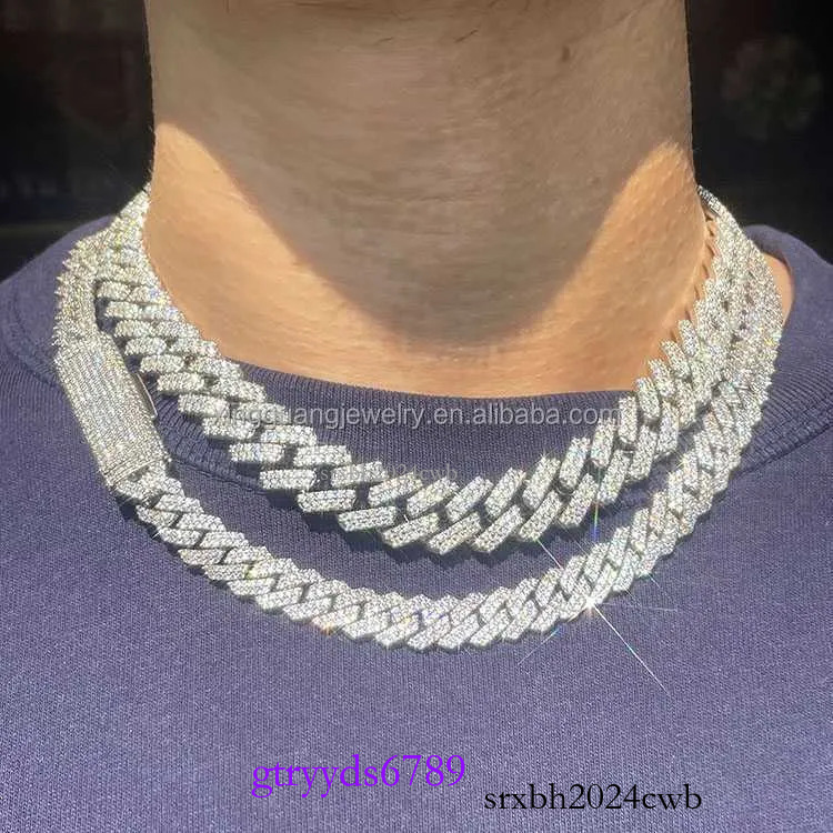 S Solid Sier Chain Jewelry 2rows 10mm 12mm Width GRA Moissanite Dia Cuban k chain Hip Hop Necklace