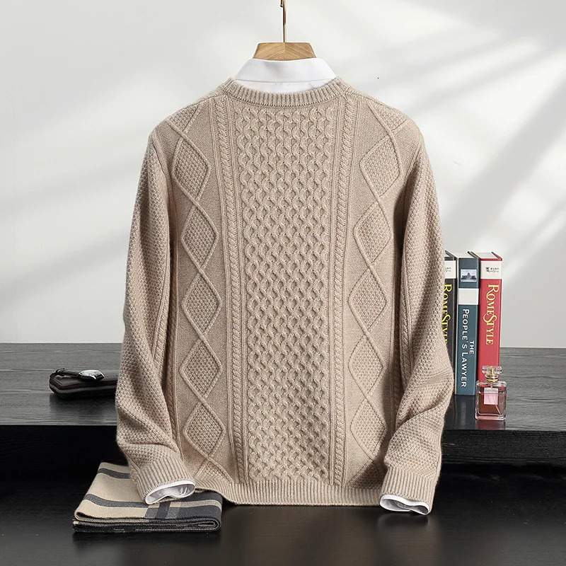 100% Cashmere Mens Three Layer Thick Twisted Heavy duty Round Neck Pulling Flower Long Sleeve Casual Knitted Bottom Warm Sweater 241115