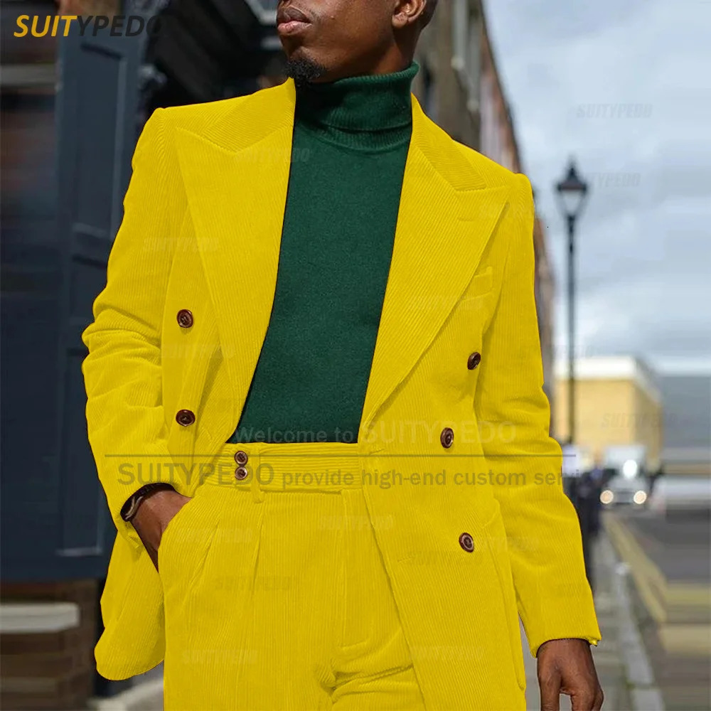 Corduroy Men Suits Slim Fit Set Double Breasted Blazer Pants 2 Pieces Tailormade Business Party Wedding Tuxedos for 241115