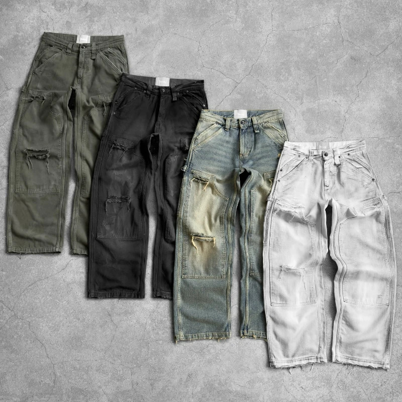 Y2K Double Knee Jeans Retro Trend Double Front Pocket Rivet Embroidered Hip Hop Street Clothing Street Punk Mens Bag Pants 241112