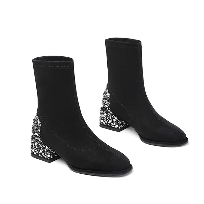 Crystal Womens Ankle Boots Winter Suede High Heels 2025 Thick Skirt Pump Snow Boots Chercibotas Mujer 241115