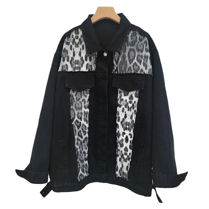 American retro leopard print sequined patchwork denim jacket for womens autumn casual loose long sleeved jacket 241115