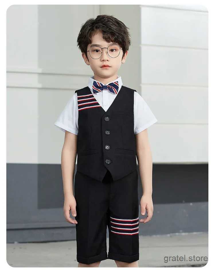 Suits Gentleman Kids School Performance Dress Children Graduation Clothing Set Boys Summer Vest+Short+Bowtie 3Pcs Formal Wedding Suit