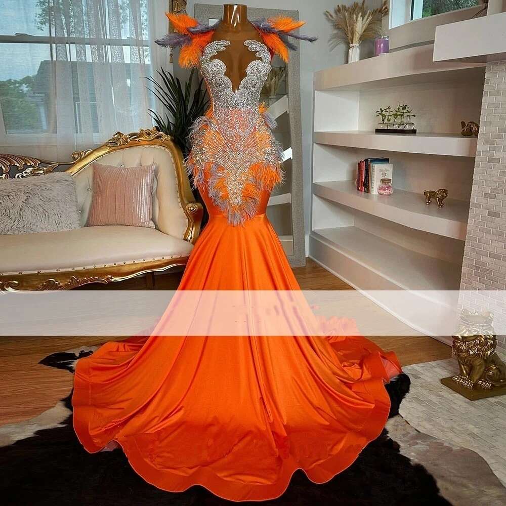 Orange Elegant Mermaid Prom Dresses With Feathers Black Girls Beaded Crystal Gala Met Party Gown Sexy Formal Evening Dress