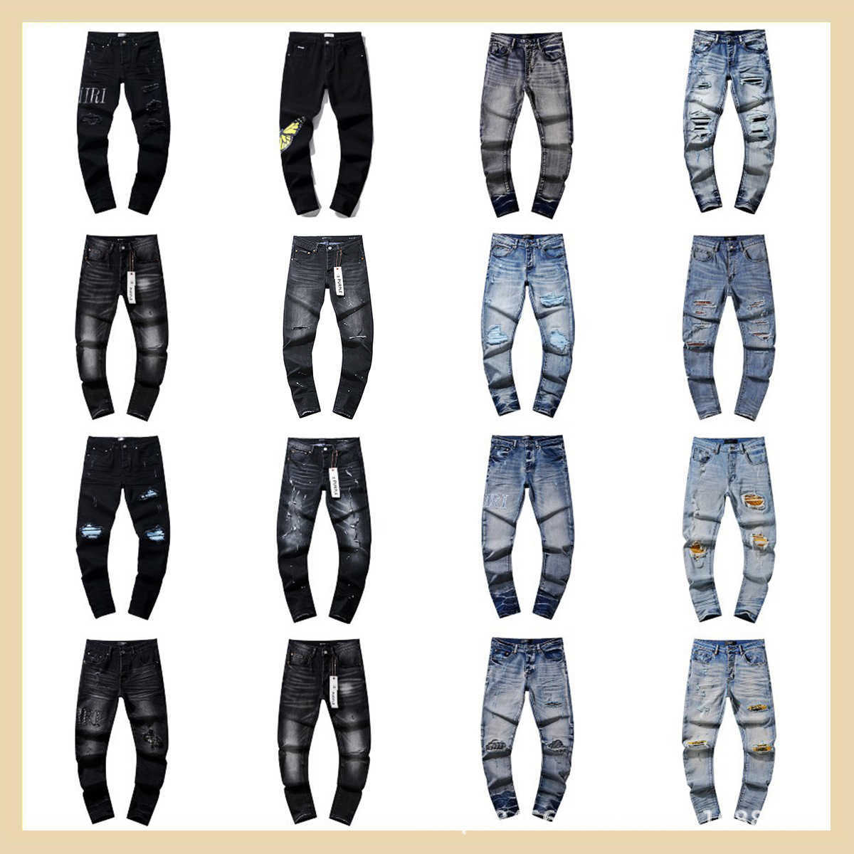 Men's 2024 American High Street Broken Patch Trend Retro Mid-waist Straight Leg Jeans Washed To Make Old Retro Broken Holes Splash-ink Bloke Hand
