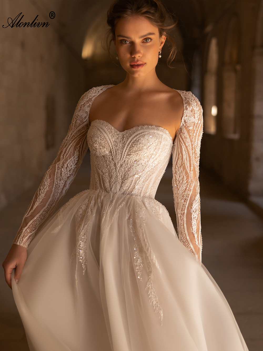 Stunning A-Line Tulle Sweetheart Wedding Dress Beading floral Lace Bridal Gowns Adroned With Delicate sliky Tulle Corset Off The Shoulder Bridal Gowns
